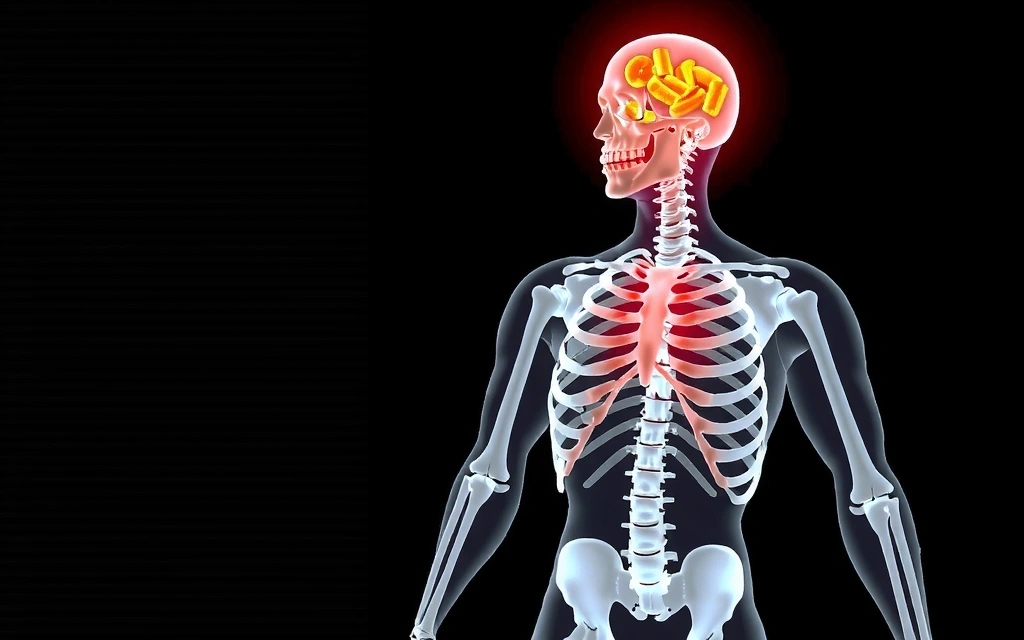 Esqueleto humano estilizado con un aura brillante, simbolizando la salud ósea mejorada por las vitaminas.