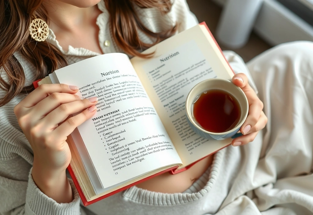 Mujer leyendo un libro sobre nutrición con una taza de té, simbolizando aprendizaje y bienestar.