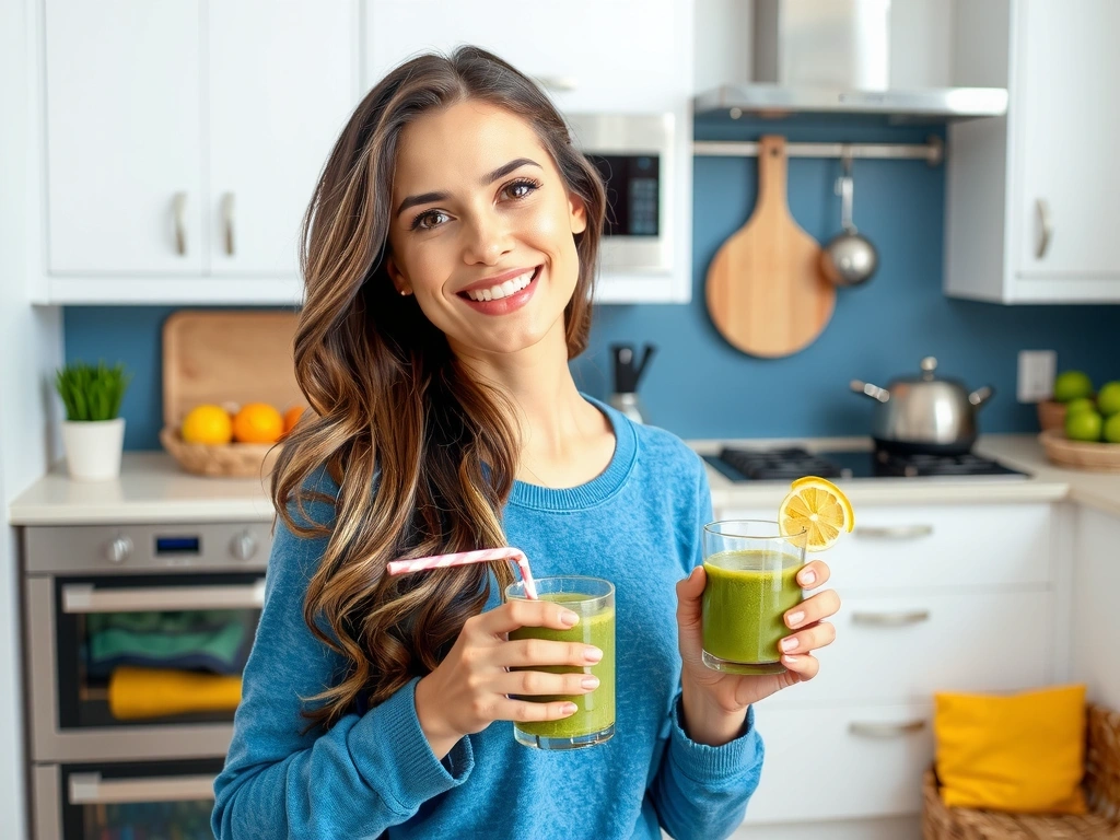 Mujer sonriendo mientras toma un batido saludable