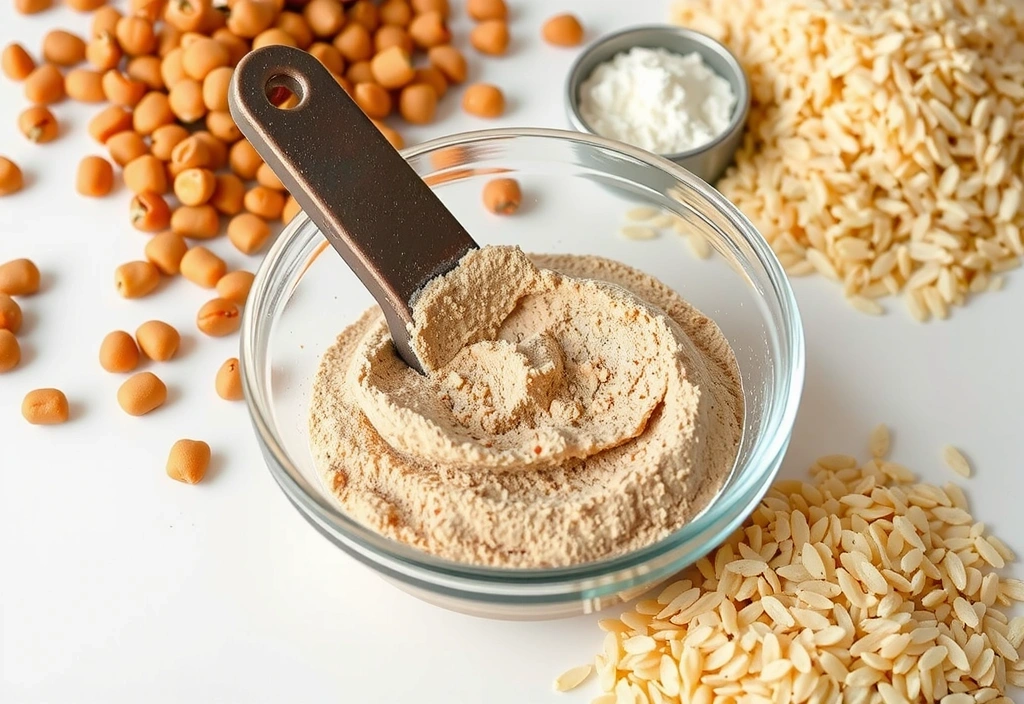 Un tazón de polvo de proteína de origen vegetal con una cuchara medidora, rodeado de ingredientes como guisantes, arroz y cáñamo.