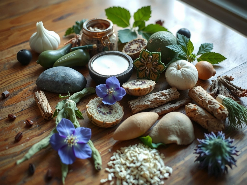 Una variedad de hierbas medicinales y botánicos dispuestos artísticamente sobre una mesa de madera, con luz natural que resalta sus texturas y colores vibrantes. Sin texto ni símbolos.